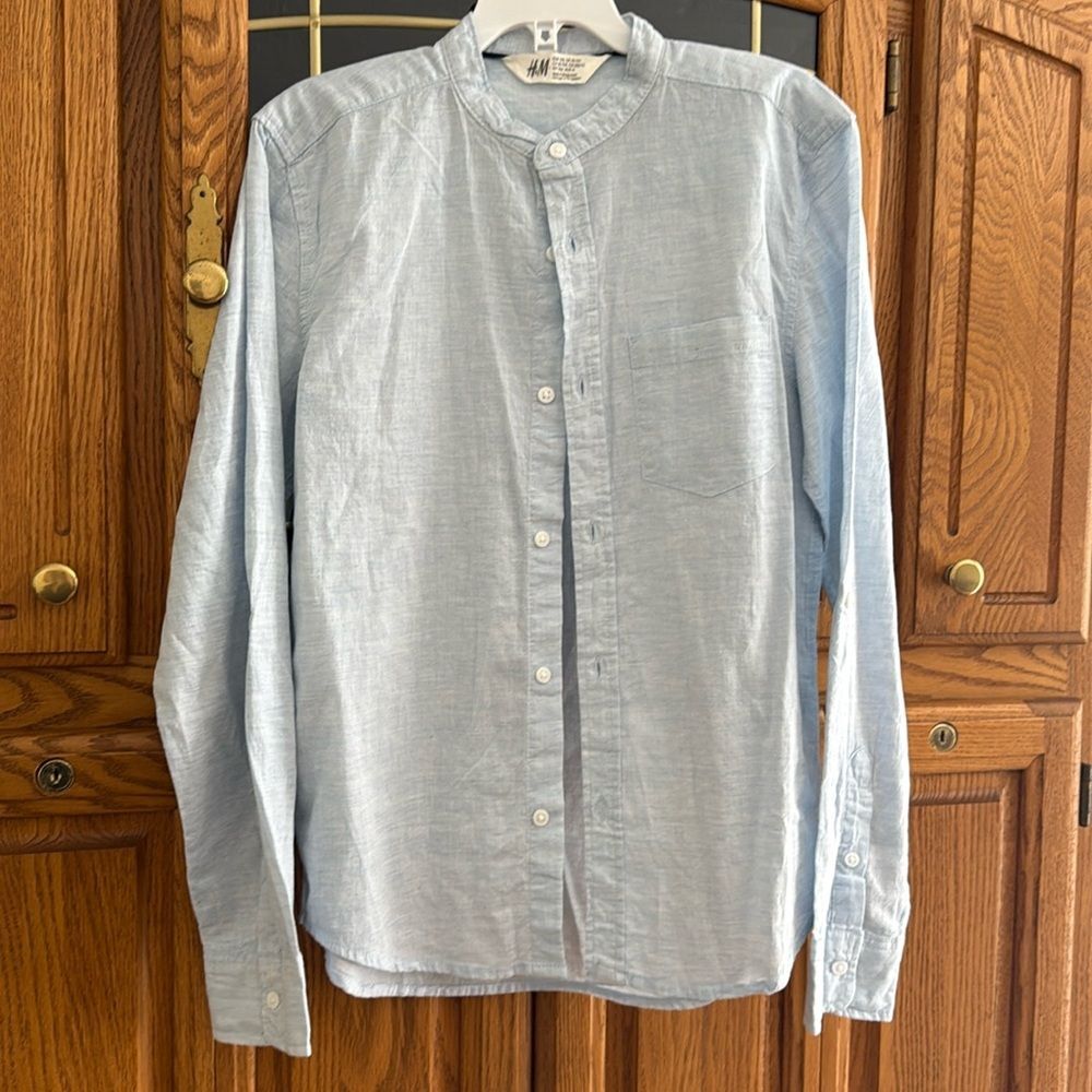 H&M Boys Slim Blue Collarless Cotton Dress Button Down Shirt